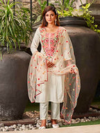 Womanista Women'S Off White Floral Embroidered Cotton Blend Kurta Set With Dupatta