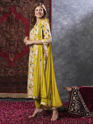 ANNI DESIGNER Womens Cotton Blend Straight Printed Kurta with Pant & Dupatta (KURU Yellow_L_Yellow_Large)