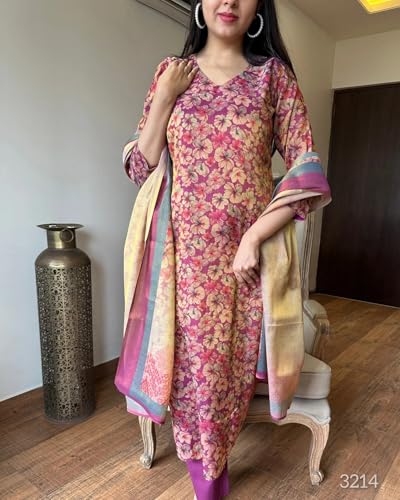 ANNI DESIGNER Womens Rayon Blend Straight Printed Kurta with Pant & Dupatta (Omsing Pink_M_Pink_Medium)