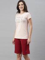 Enamor Essentials Womens Short Sleeve Crew Neck Slim Fit Breathable Stretch Cotton Tee With Graphic - E147(E147-Rose Water / Li