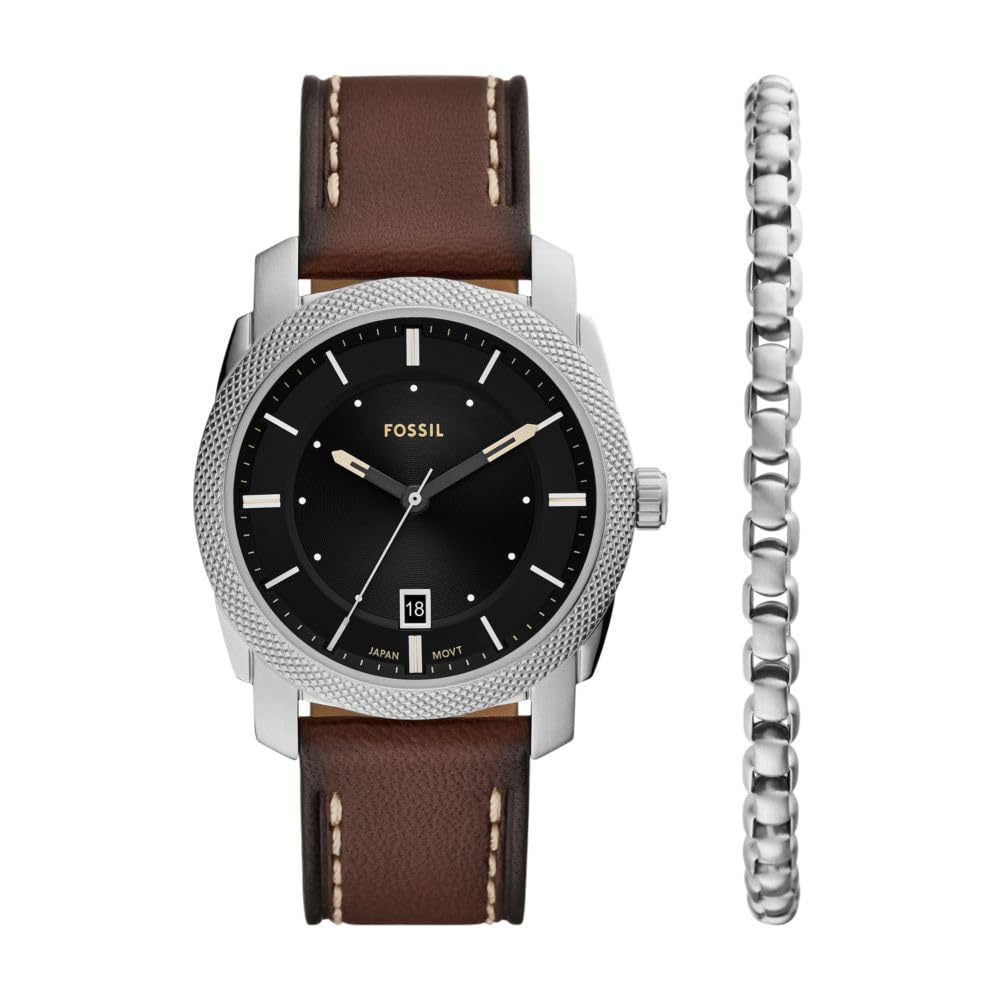 Fossil Men's Machine Three-Hand Date Brown Leather Watch and Bracelet Set