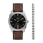 Fossil Men's Machine Three-Hand Date Brown Leather Watch and Bracelet Set
