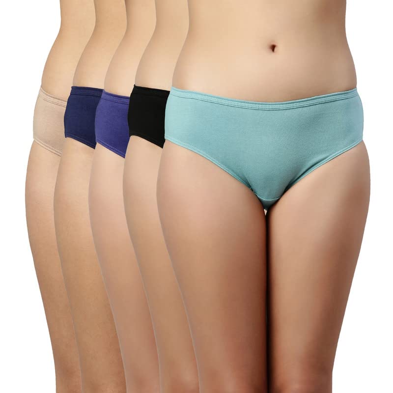 Enamor Cotton Hipster Panties for Women Pack of 5, Full Coverage, Grip Fit with Antimicrobial & Stain Release Technology-CH03-As