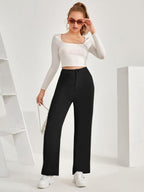 Toochki Loose Women High Rise Full Length Wide Leg Formal Trousers Black