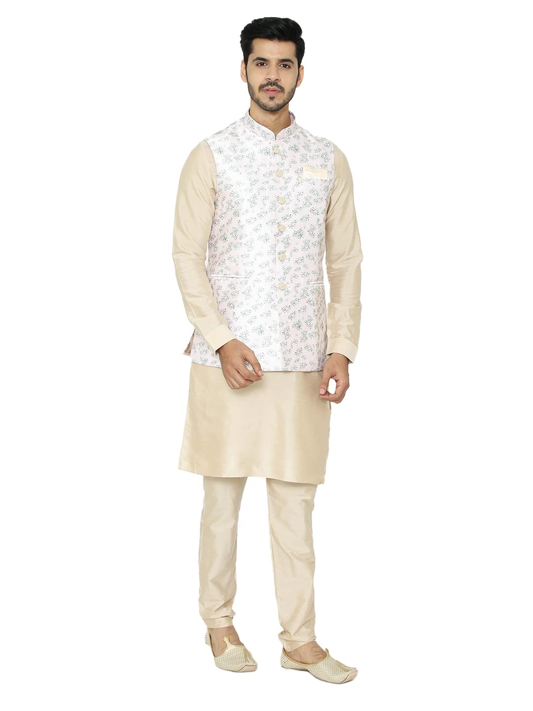 Manyavar MenS Silk Blend Other Jacket (Jac177_Cream_L)
