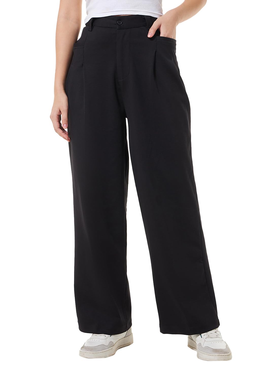 Bewakoof Womens Solid Regular Fit Cotton Lycra Blend Korean Pants_629217_Black_28