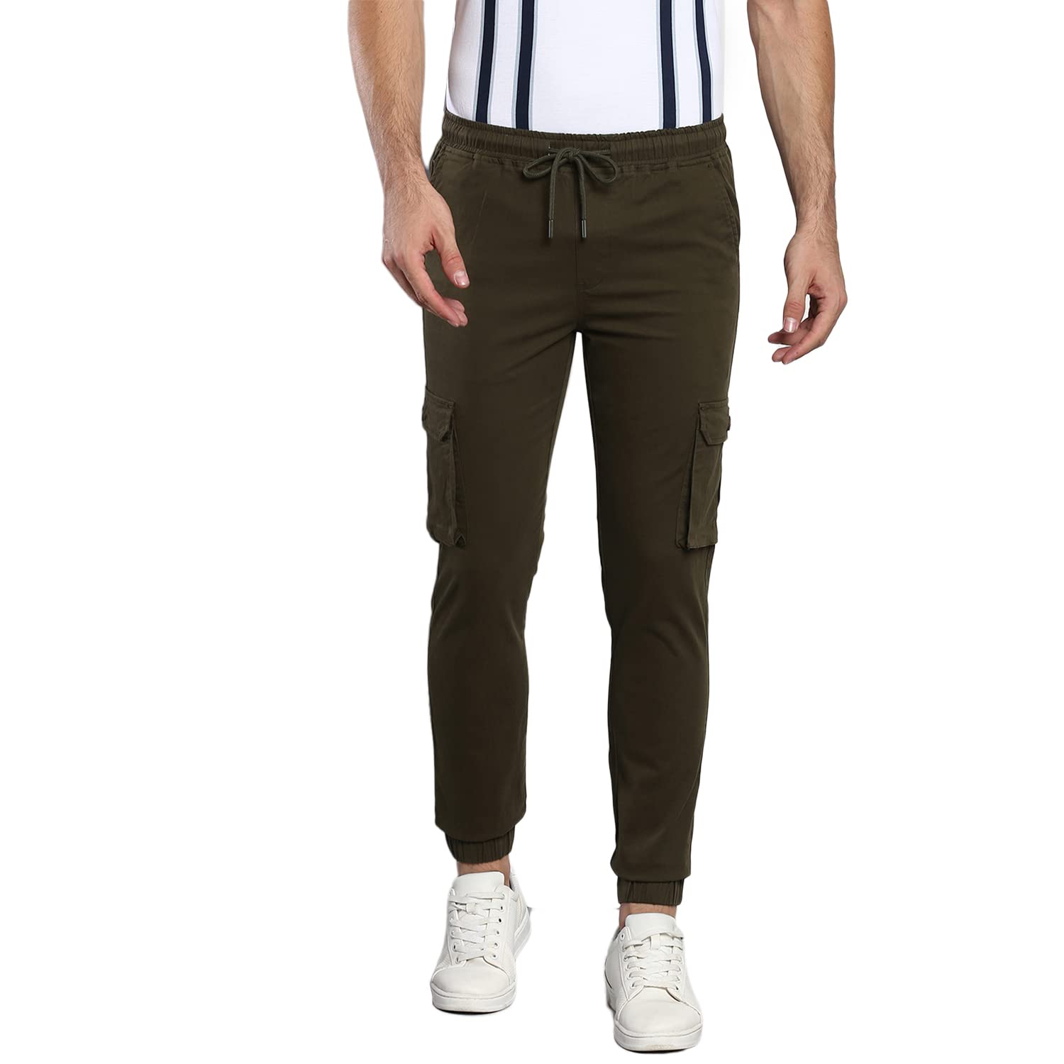 Dennis Lingo Solid Cotton Mens Casual Cargo Pant, Tapered Fit, Mid Rise, Ankle Length, Multi-Pocket Drawstring Stretchable Carg