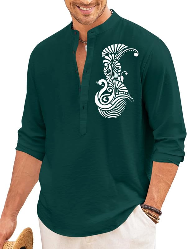 Finivo Fashion MenS Printed Cotton Blend Short Kurta With Artistic Chest Design | Stylish Full Sleeve Casual Kurta With Mandarin