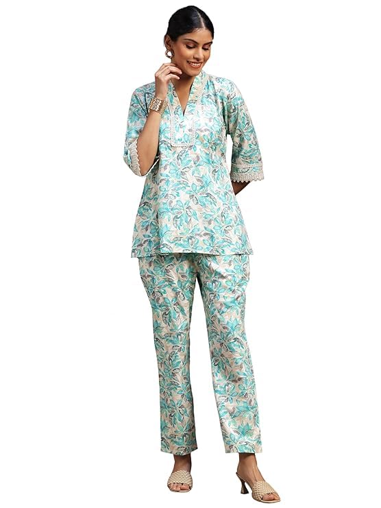 Libas WomenS Cotton Blend Printed Co-Ord Set(35931_Turquoise Blue-L)