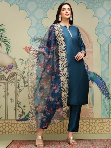 Ishin Notch Neck Thread Work Silk Crepe Straight Kurta With Trousers & Dupatta | Kurta Set For Women | Kurta With Trousers And D