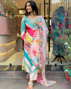 ANNI DESIGNER Womens Cotton Blend Straight Printed Kurta with Pant & Dupatta (Dhimi Pink_S_Pink_Small)