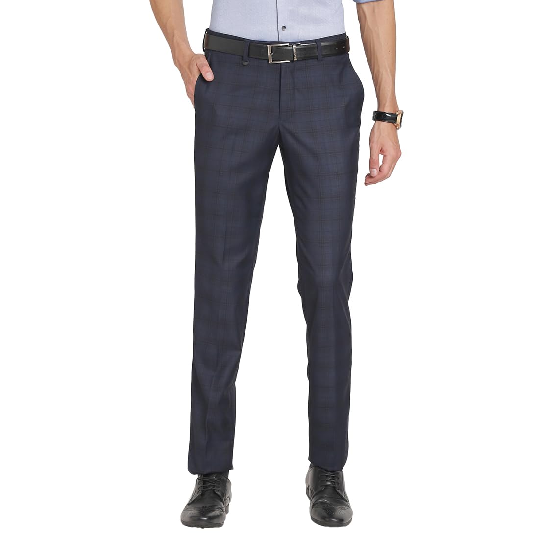 Turtle Men Terry Rayon Slim Fit Flat Front Blue Checkered Formal Trouser