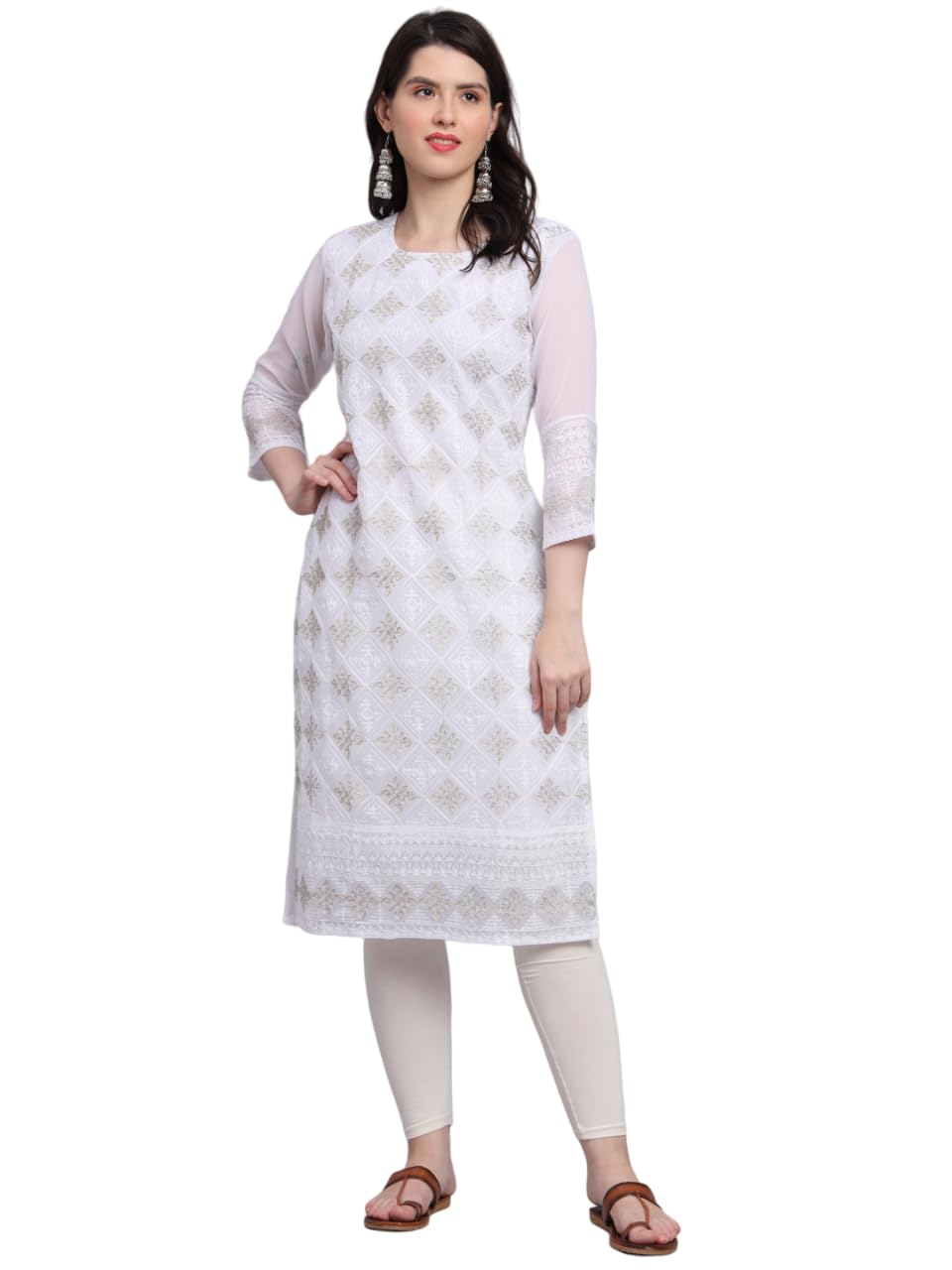 Ekasya Womens Georgette Straight Cut Sweetheart Round Neck Kurta with Beautiful Lucknowi Chickenkari Embroidery Work (E1606) Wh
