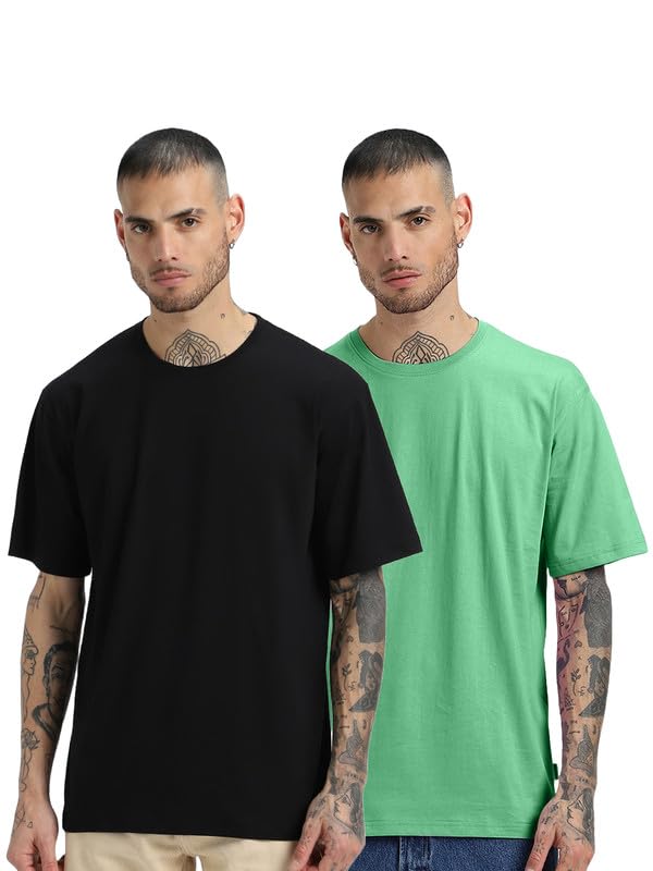 Veirdo Men's C- Oversized Baggy Fit Drop Shoulder Short Sleeve Round Neck Solid Cotton T-Shirt
