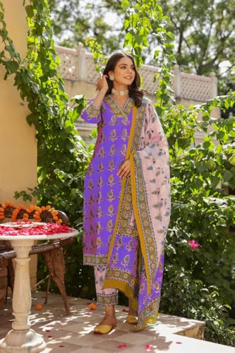 ANNI DESIGNER Womens Rayon Blend Straight Printed Kurta with Pant & Dupatta (Uchiha Purple_XXL_Purple_XX-Large)