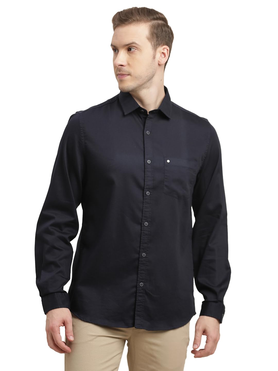 Turtle Men Cotton Stretch Slim Fit Black Solid Full Sleeve Casual Shirt