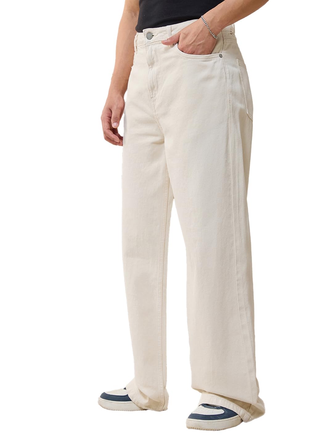 Bewakoof Mens Solid Wide Leg Cotton High Rise Jeans_624676_Beige_32