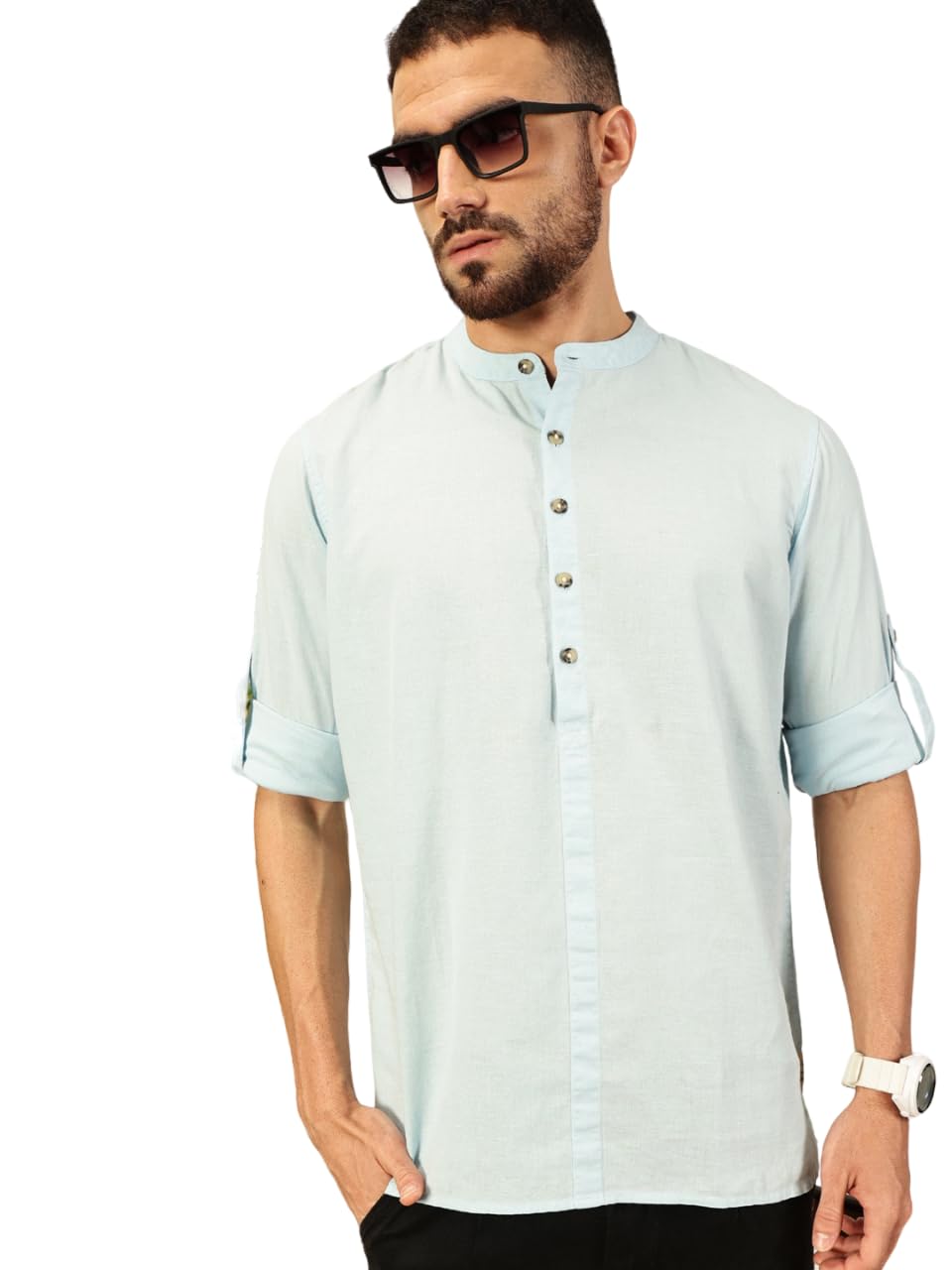 Thomas Scott Mens Linen Solid Kurta Shirt (Ts1529_Lightblue_Xl)