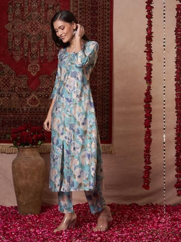 ANNI DESIGNER Womens Rayon Blend Straight Printed Kurta with Pant (Bhaskar Sky Blue_M_Sky Blue_Medium)