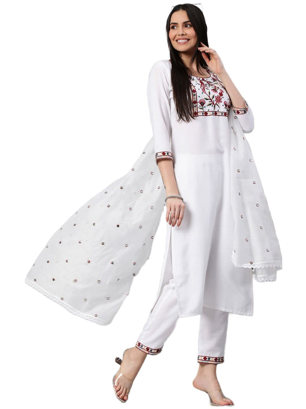 ANNI DESIGNER Women's Cotton Blend Solid Straight Kurta with Pant & Dupatta (SAWET-White_S_White_Small)