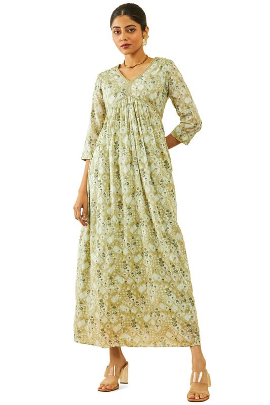 Soch Women Cotton Floral Print Alia Cut V-Neck Ankle-Length Dress