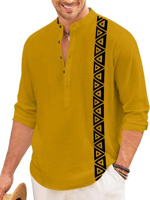 Finivo Fashion MenS Short Kurta With Printed Geometric Side Panel | Cotton Blend Full Sleeve Ethnic Topwear With Mandarin Collar