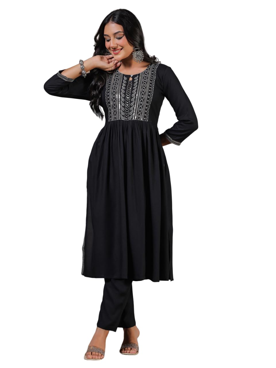 Anubhutee Women'S Black Sequins Embroidered Pure Cotton Straight Kurta