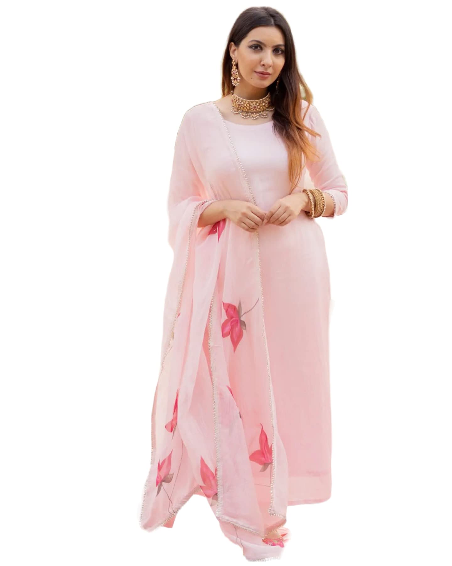 ANNI DESIGNER Womens Cotton Blend Traditional Plain Anarkali Kurta and Pant with Dupatta Set (Wipin Coral Pink NW_4XL_Pink_XXXX
