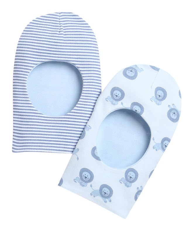 BUMZEE Light Blue & White Boys Cotton Reversible Monkey Cap Pack of 2 Age - 0-6 Months (Peb9532A-lbl.wht)