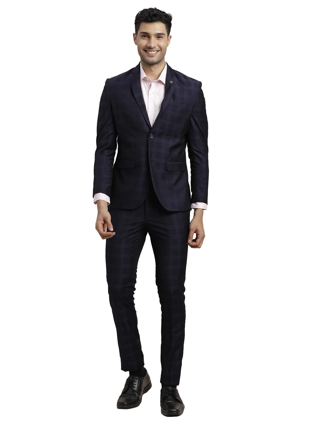 Turtle Men Terry Rayon Checkered Full Sleeve Two Piece Navy Blue Party Suit