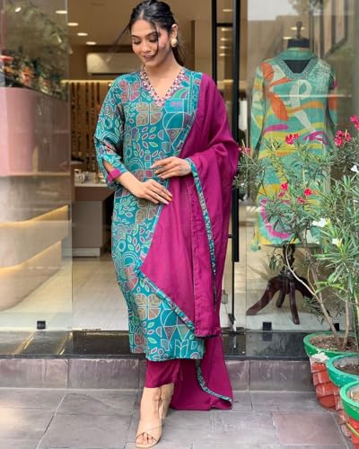 ANNI DESIGNER Womens Cotton Blend Straight Printed Kurta with Pant & Dupatta (DOWN-RAMA-Green_L_Green_Large)