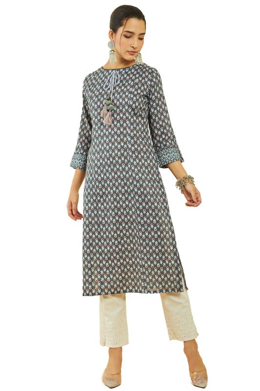 Soch Women Linen Floral Print Boat-Neck Straight Kurta with Pocket