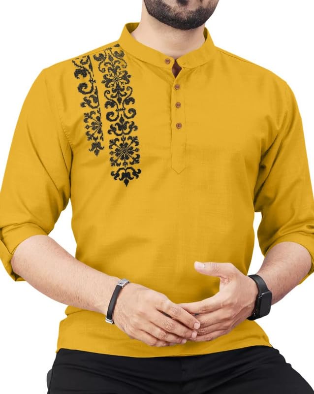 Finivo Fashion MenS Cotton Blend Kurta Style Shirt | Mandarin Collar Long Sleeve Casual Ethnic Shirt With Button Placket | Styl