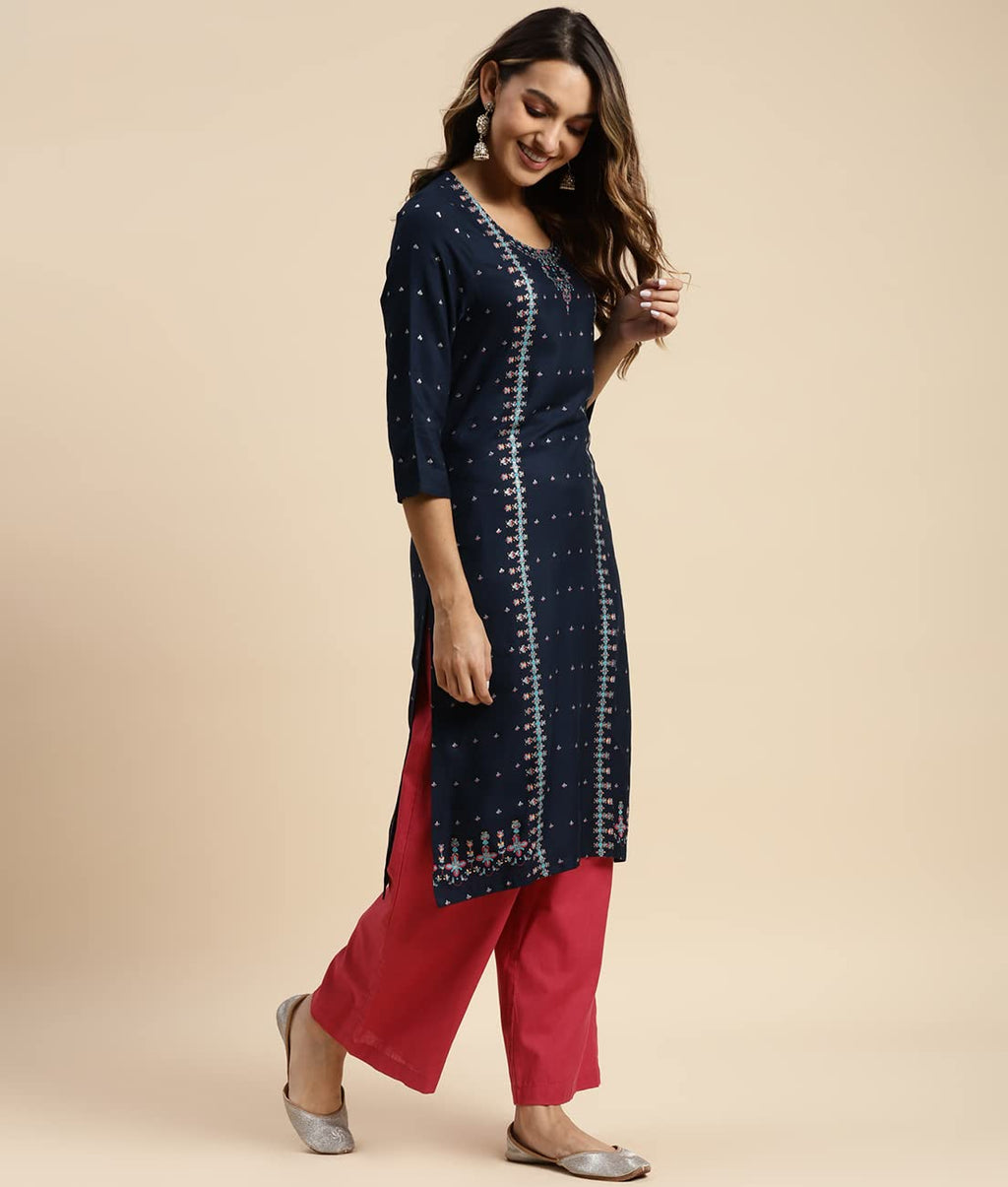 Rangita Navy Blue Rayon Calf Length Printed Straight Kurti For Women | Kurta For Women
