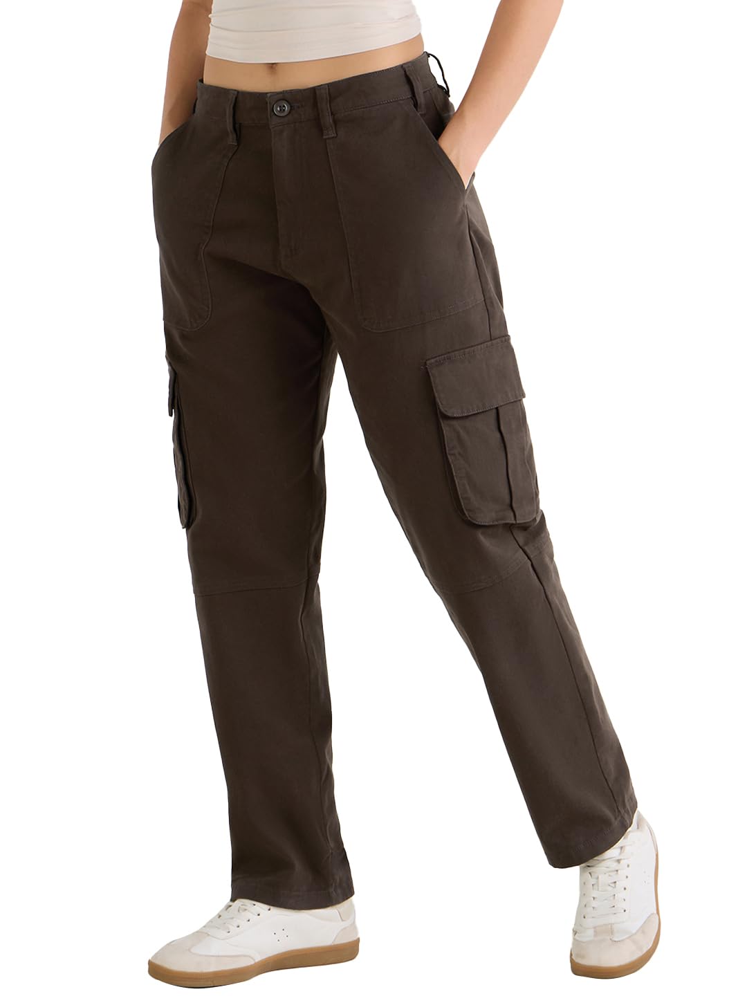 Bewakoof Womens Solid Regular Fit Cotton Blend Cargo Casual Pants_620015_Brown_36