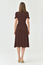 Shasmi Girls & Womens Solid Brown Midi Dress  Elegant Square Neck Button-Down Dress with Puff Short Sleeves | Stylish Casual &