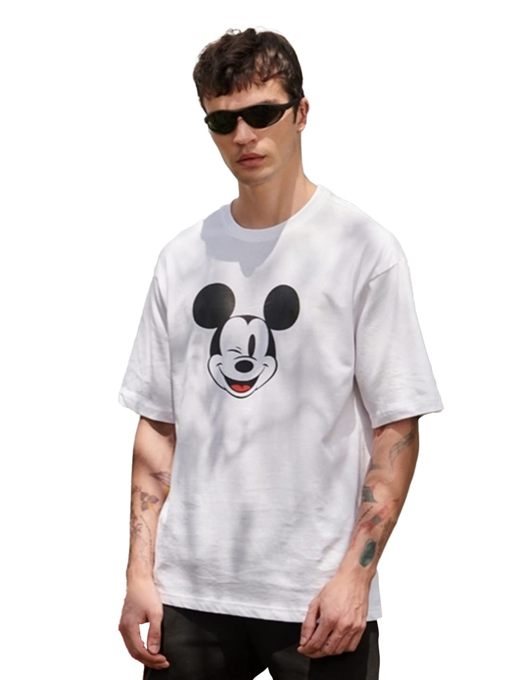 Bewakoof Mens Mickey 100% Cotton T-Shirt - Oversized Fit, Round Neck, Half Sleeves White