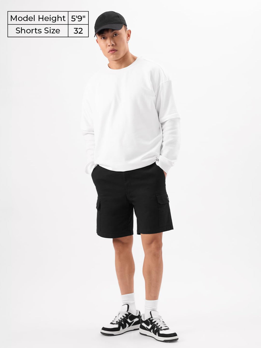 The Souled Store Solids: Deep Black Men and Boys Cotton Blend Knee Length Cargo Shorts