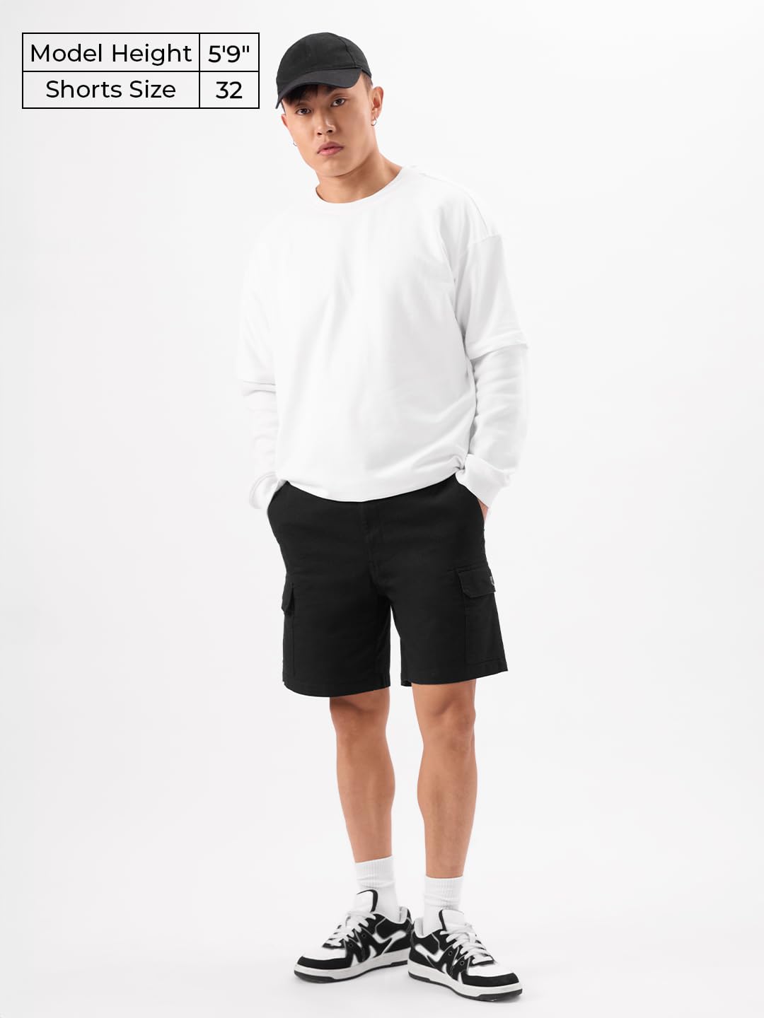 The Souled Store Solids: Deep Black Men and Boys Cotton Blend Knee Length Cargo Shorts