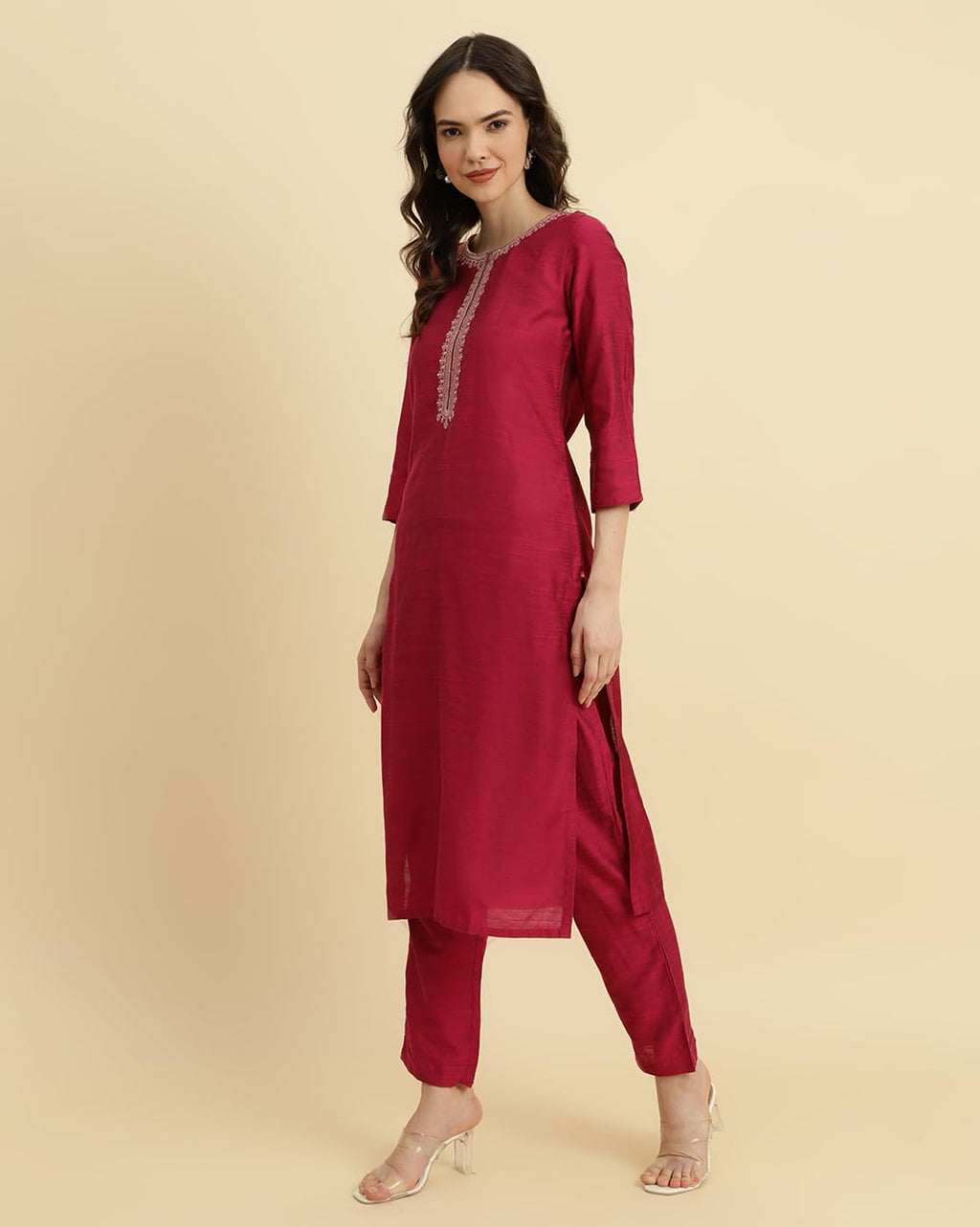Varanga Magenta Embroidered Kurta Paired With Straight Trouser And Digital Floral Printed Dupatta