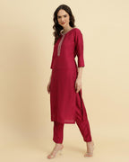 Varanga Magenta Embroidered Kurta Paired With Straight Trouser And Digital Floral Printed Dupatta