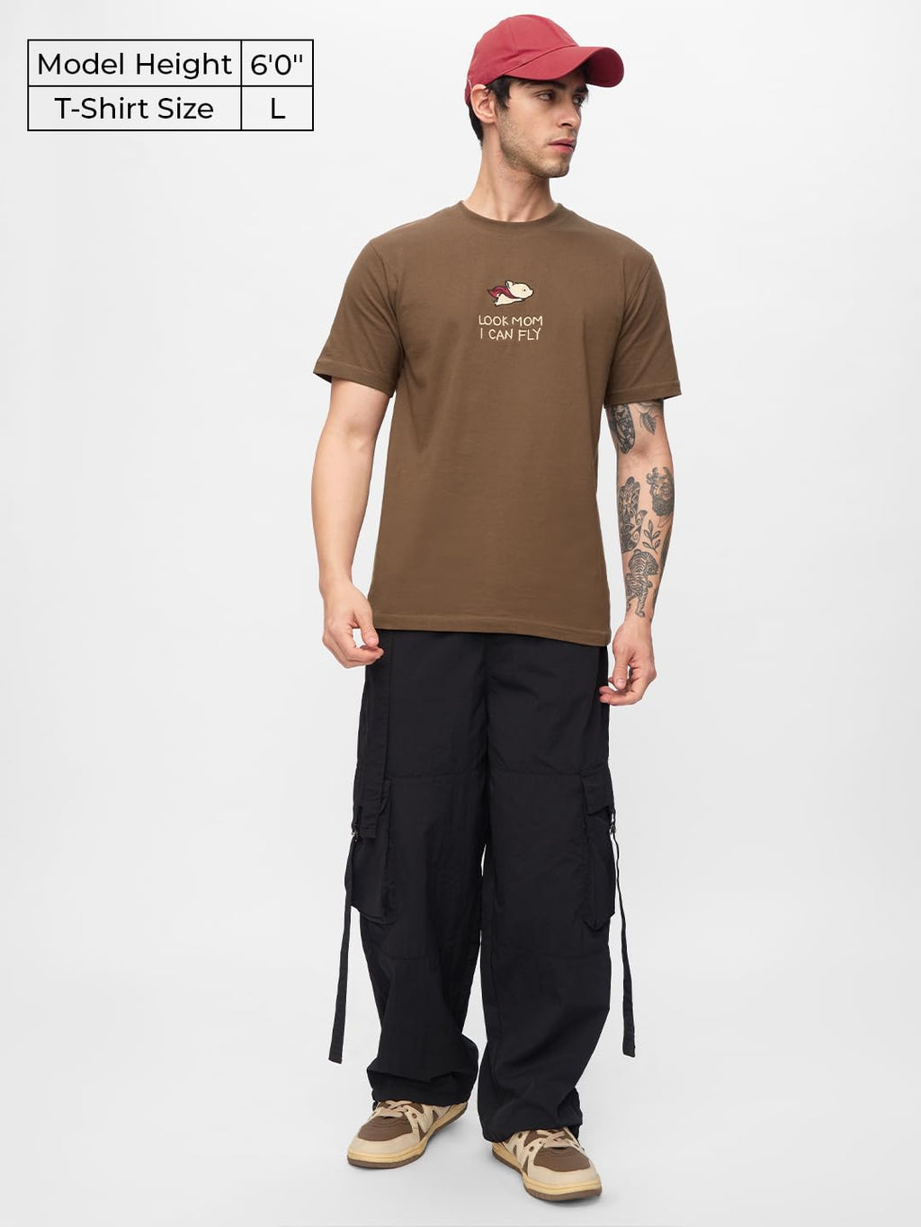 The Souled Store Fly Men and Boys Short Sleeves Round Neck Brown Embroidered Regular Fit Cotton T-Shirts