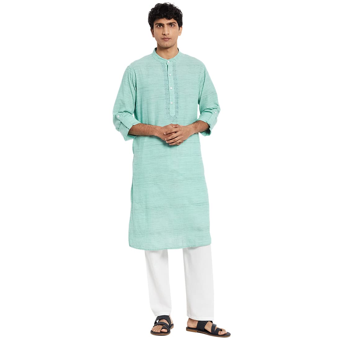 Fabindia Mens Green Cotton Embroidered Slim Fit Long Kurta