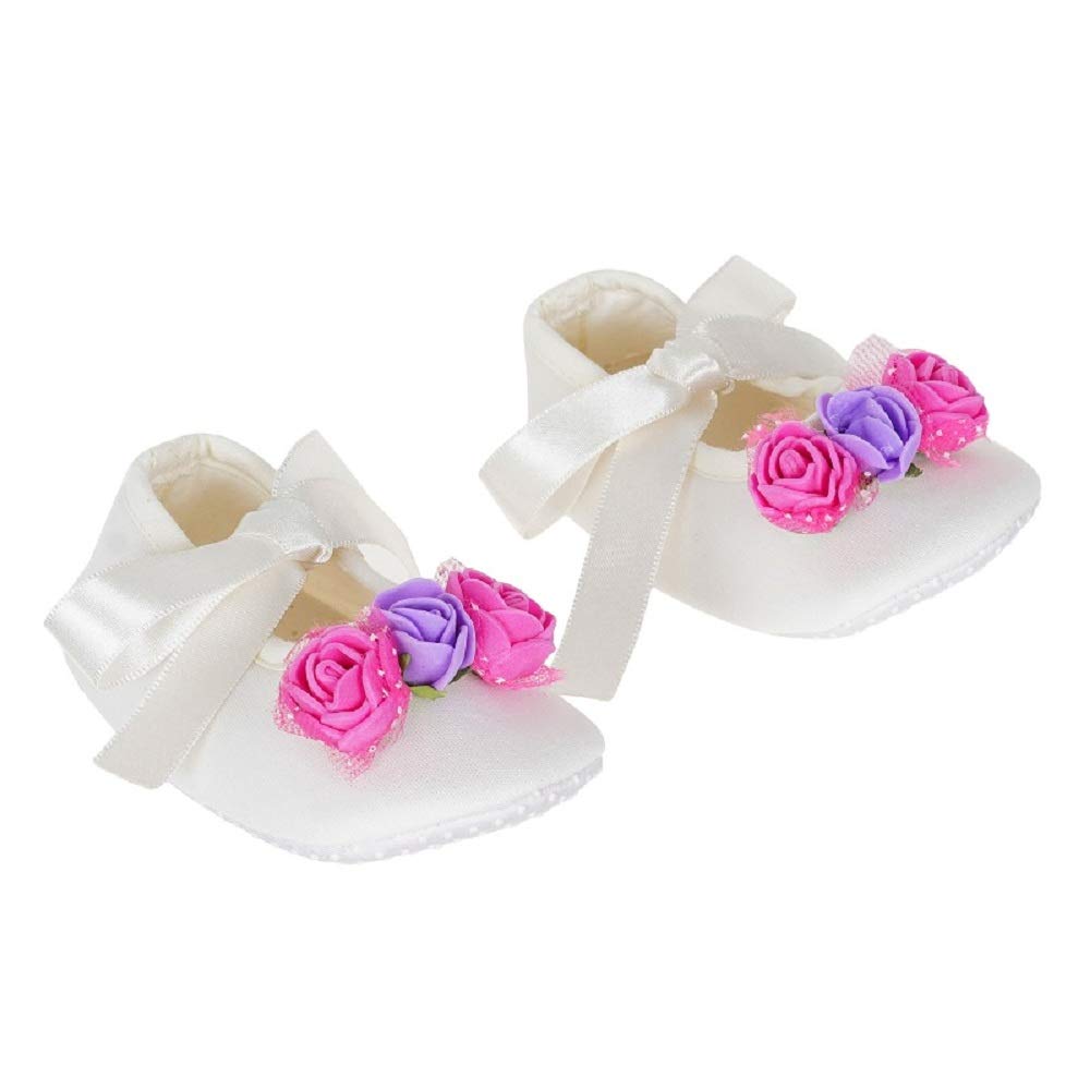 Rsmart Anti Skid Ribbon Closure Booties Shoes With Beautiful Flowers For Baby Girl & Boy, OffWhite (0_Months) 0-3