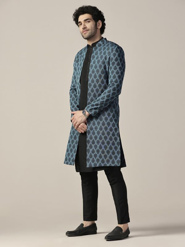 Kisah MenS Indo-Western Kurta Sherwani Trouser Set, Turquoise Blue Silk Blend, Woven Design Regular Fit Mandarin Collar Long Sl