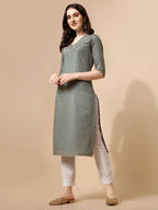 Nainvish Women'S Cotton Blend Straight V-Neck Printed Kurta (Sd418_K-M._Green)