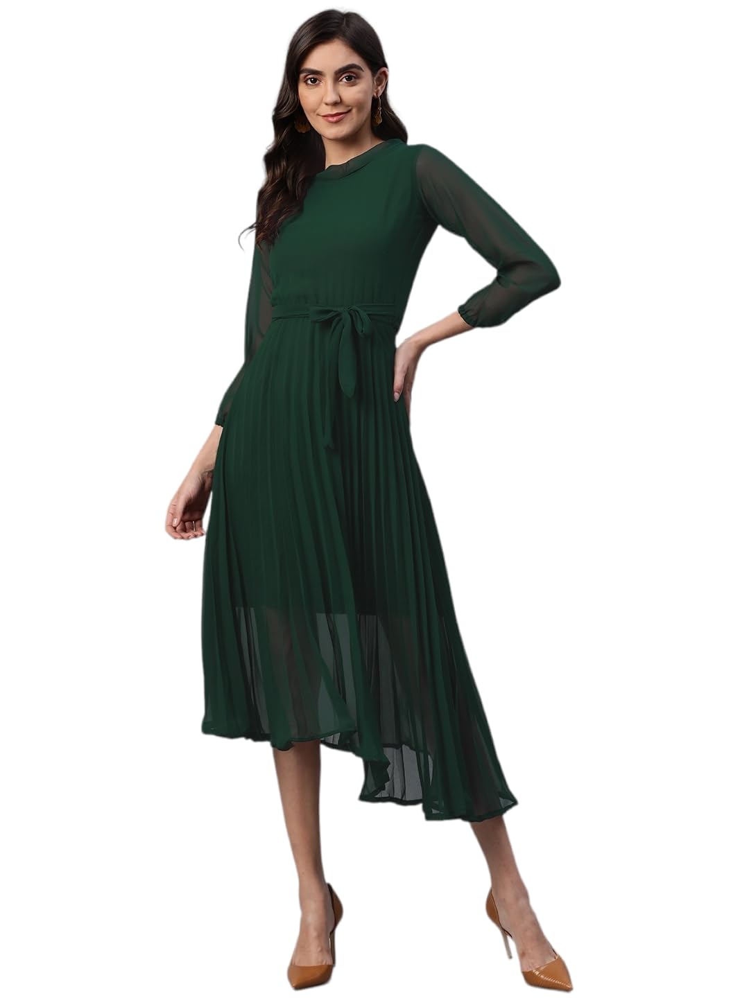 Aarika Womens Green Round Neck Solid Dress (S-L)