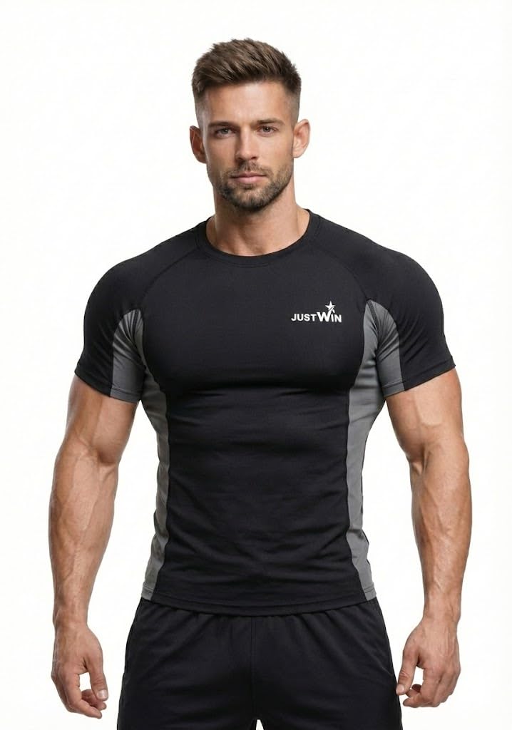 JUSTWIN Men Compression TShirt Half Sleeve | Slim Fit Gym & Workout T Shirt | Quick Dry Stretch Sports Tee for Running, Trainin 2