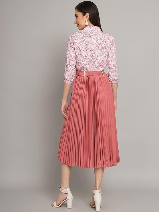Kzully | Elegant A-Line Dress: Collared V-Neck Top, Pleated Skirt With Elastic Waist, Includes Belt Peach