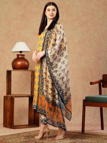 ANNI DESIGNER Womens Cotton Blend Straight Printed Kurta with Pant & Dupatta (Uchiha Mustard-FKA_L_Mustard_Large)